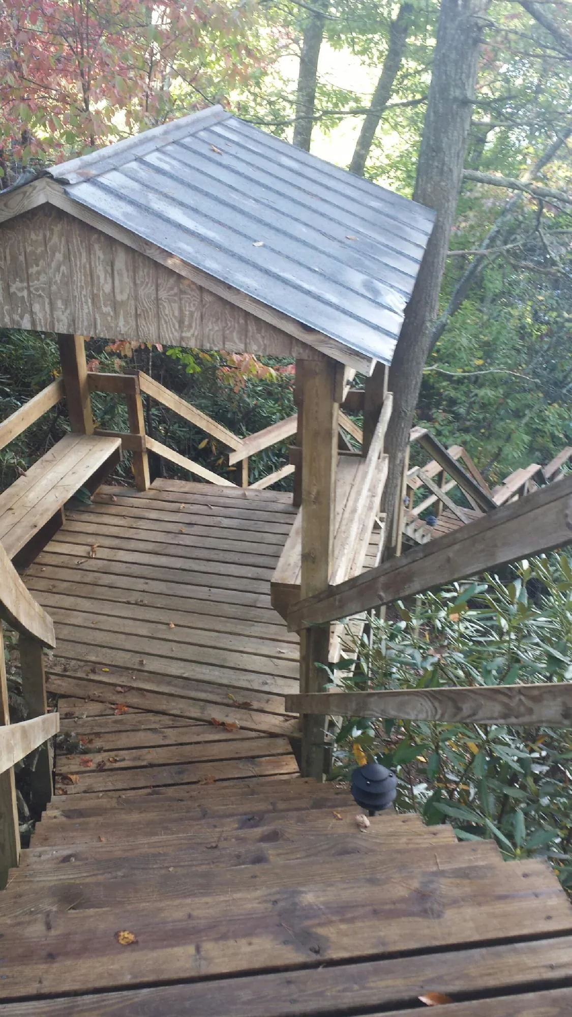 Metal roofed shelter over wooden steps on a wooded walkway — Skylight Repair & Installation work by our crew in China Grove