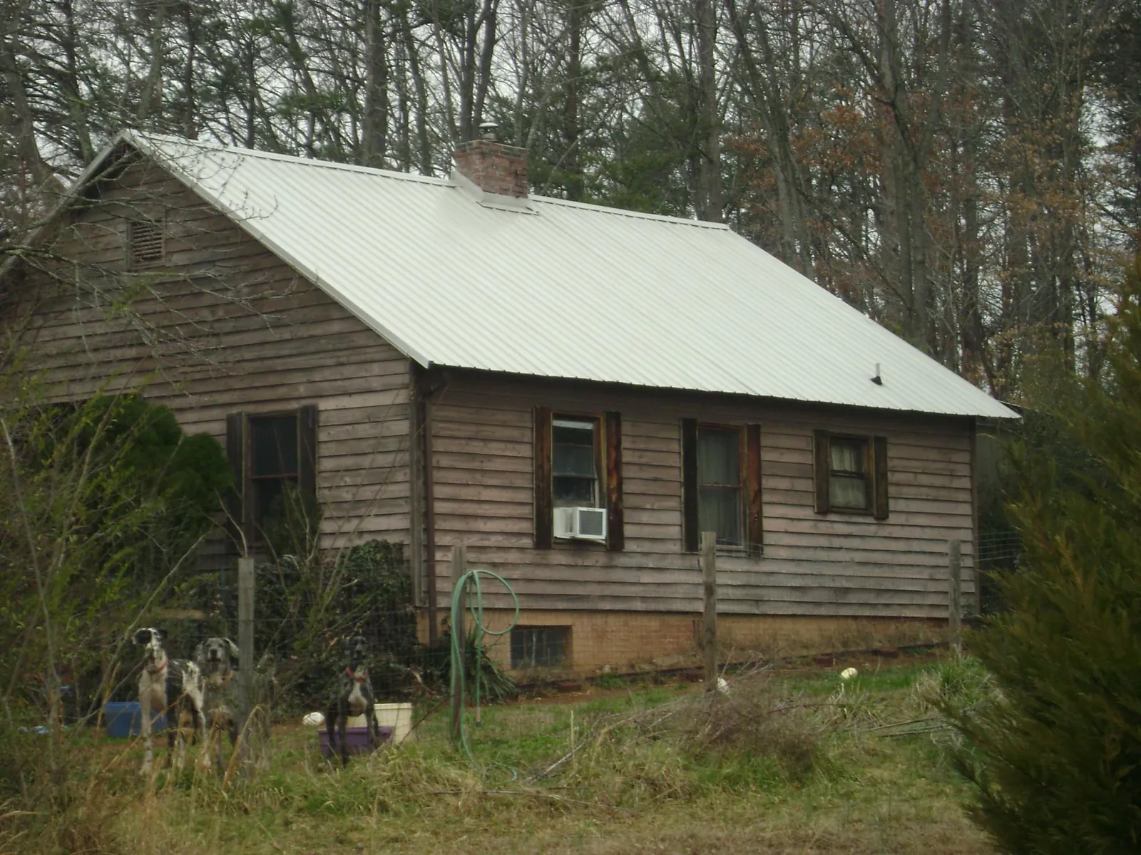 White metal roof on an old wood sided farmhouse, from a Asphalt Shingle Roof Repair job in China Grove